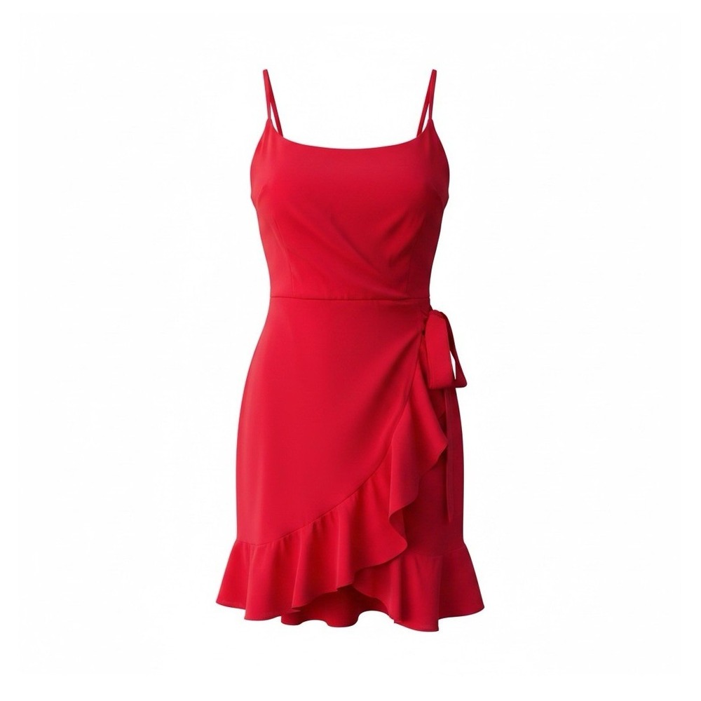Red Chiffon Wrap Mini Dress Ruffle Accents Scoop Neck Strappy Zip Size M